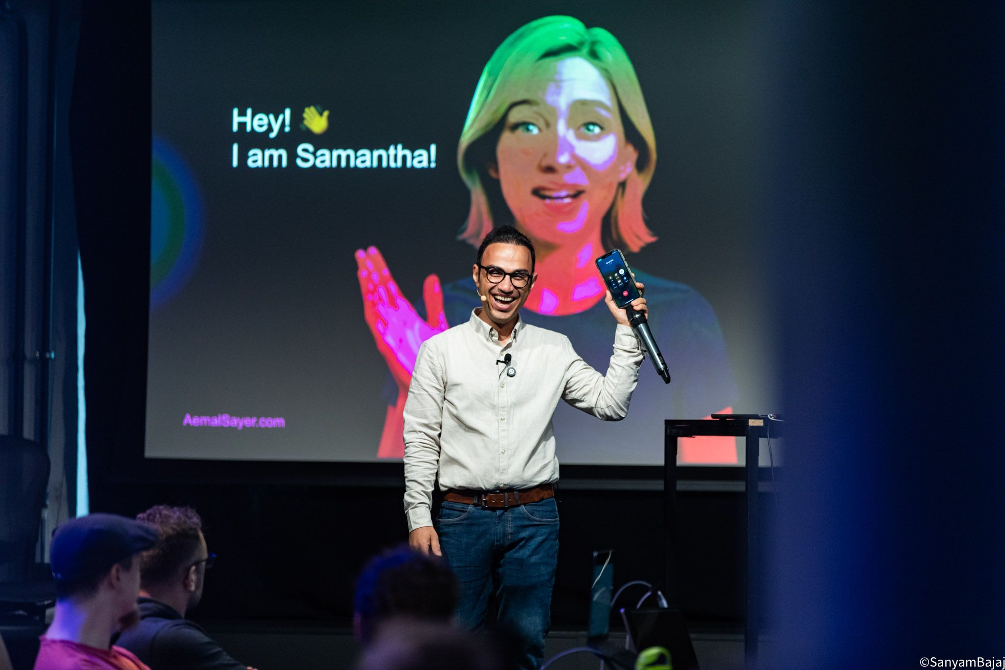 Aemal demonstrating Samantha voice AI on stage